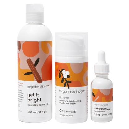 A set of three body care products from Forgotten Skincare, including a body scrub, deodorant cream, and a serum, each packaged in distinctively designed bottles and containers.